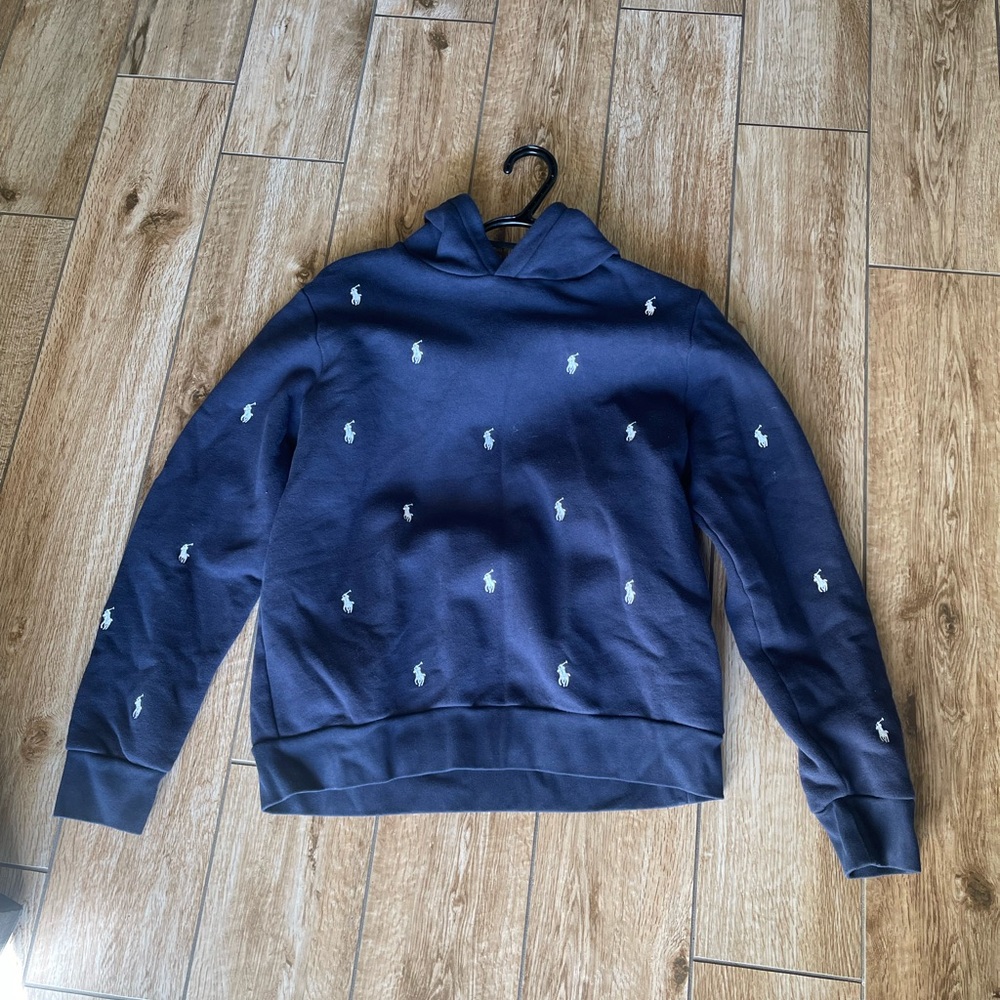 Polo Ralph Lauren Boys Dark Blue Hoodie with White Polo Embroidery front/back.
